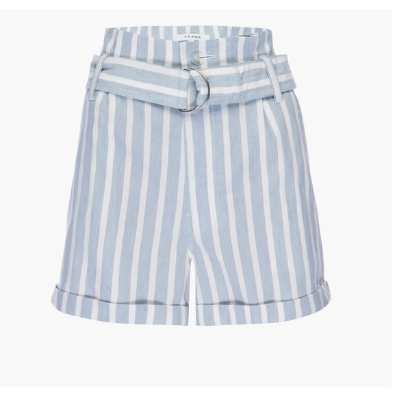 Frame Chambray and White Stripe Paperbag A-Line Linen Blend Shorts Size 6 - Picture 11 of 11
